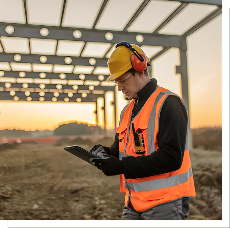 Worker inspecting construction progress with tablet
