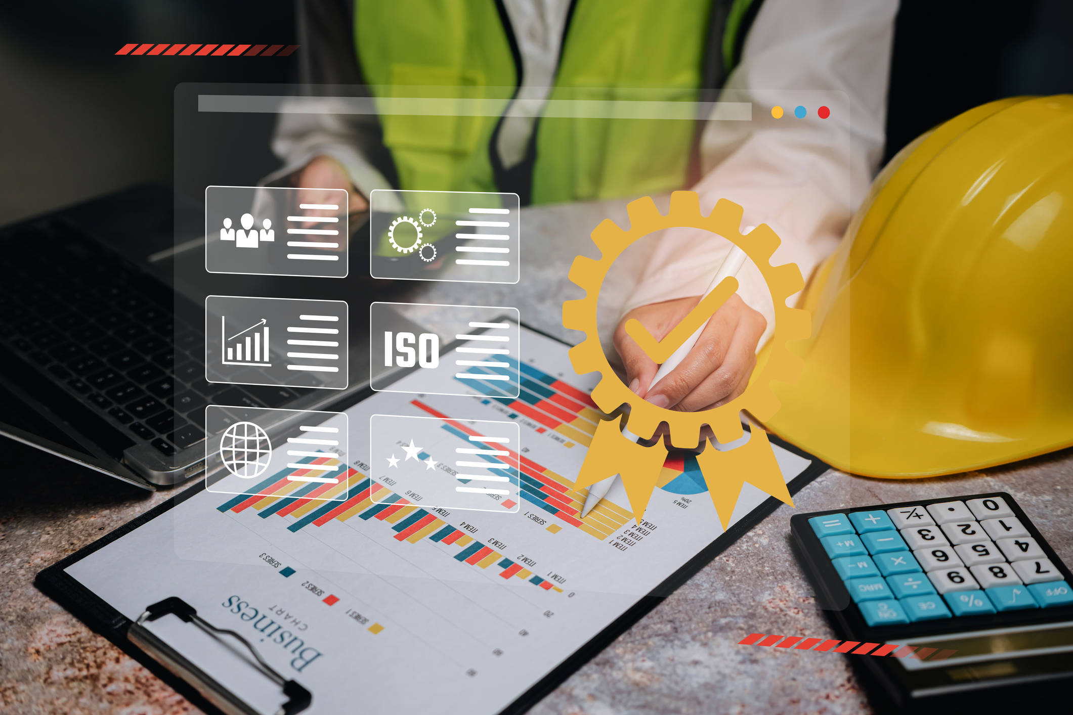 Business documents with graphs and safety gear.