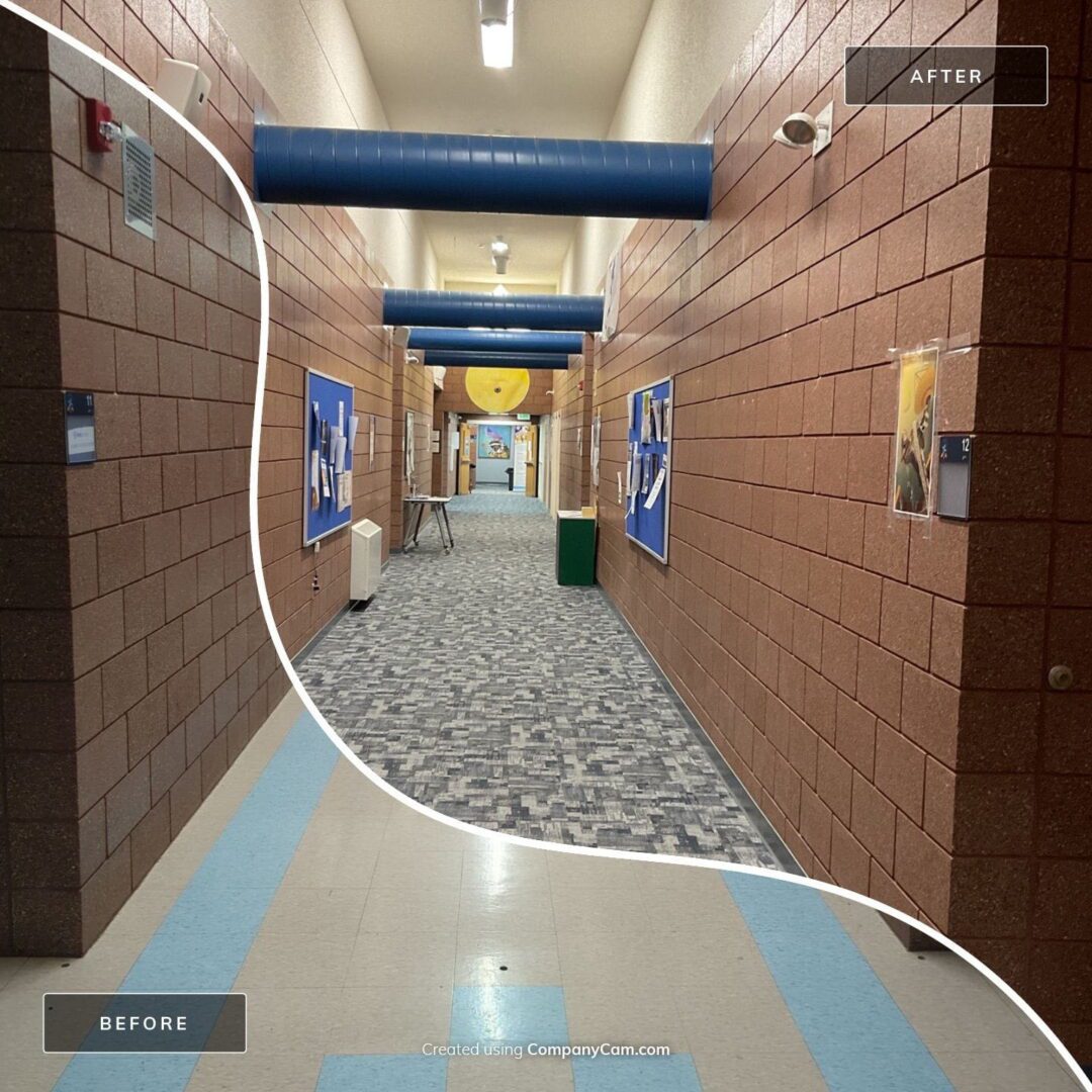School hallway renovation before and after comparison.
