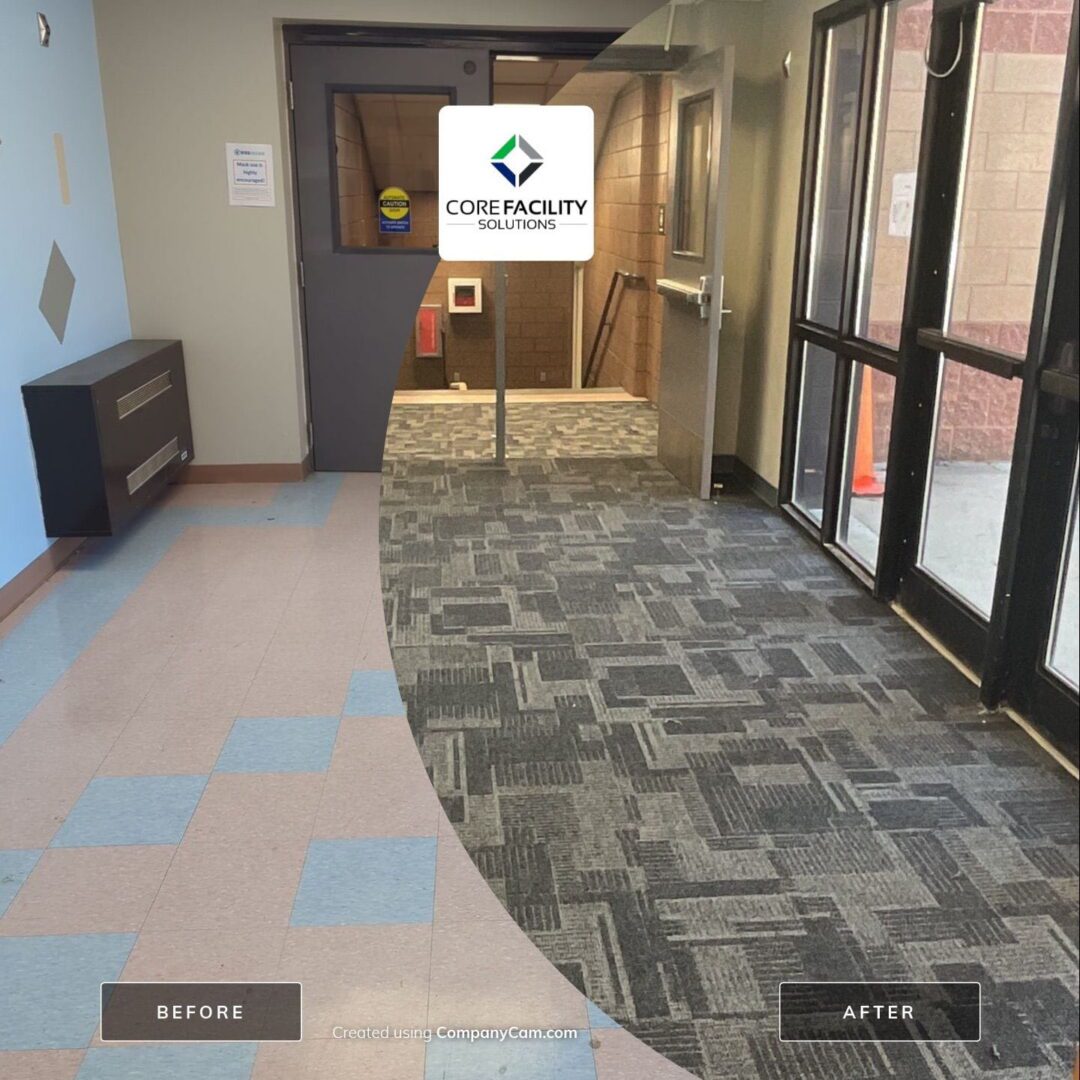 Carpeted hallway before and after renovation.