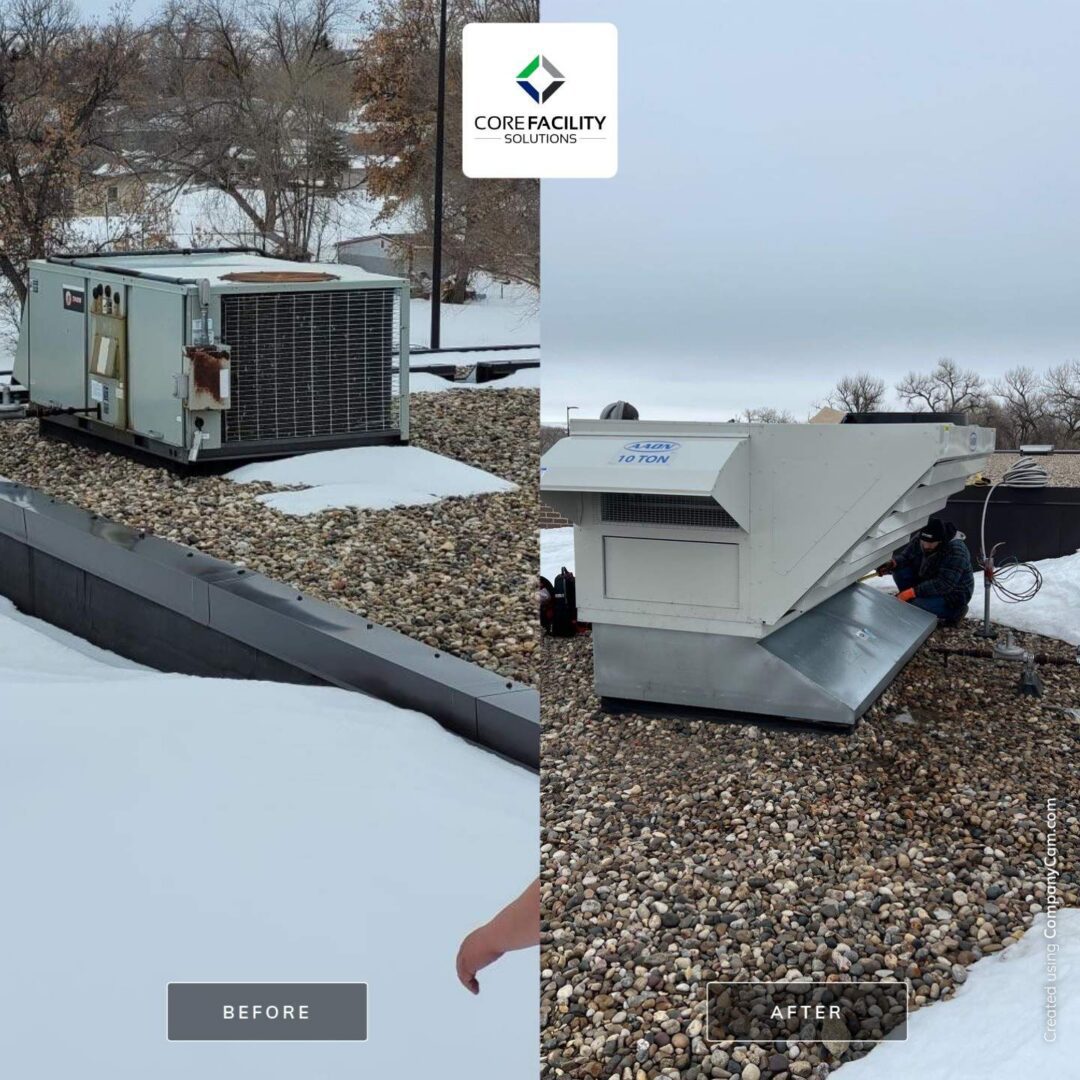 Rooftop HVAC system before and after installation.