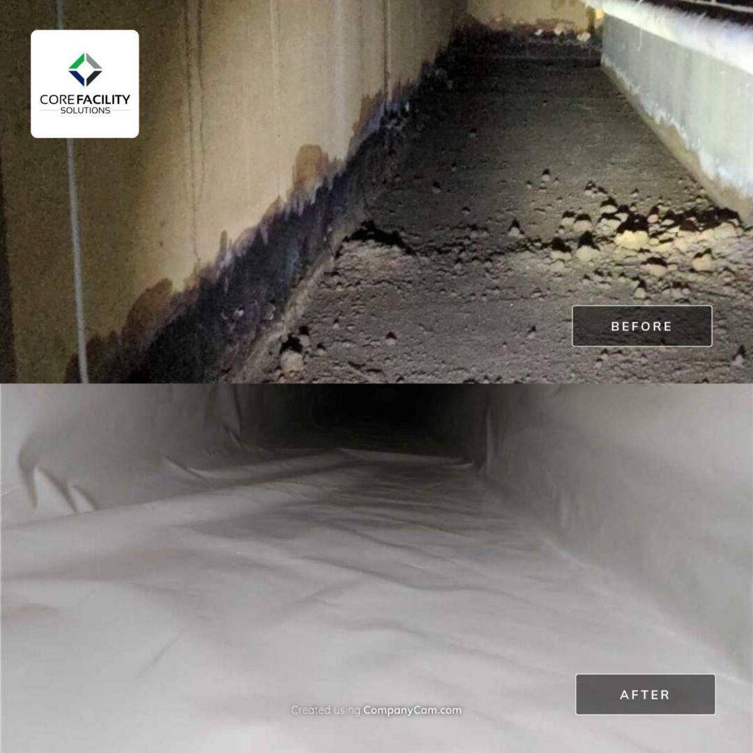 Crawl space before and after cleaning transformation.