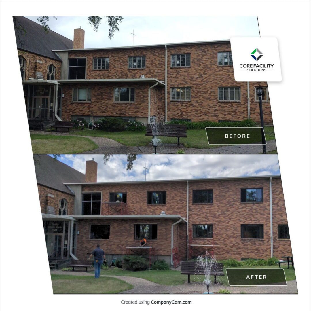 Building exterior before and after renovation.