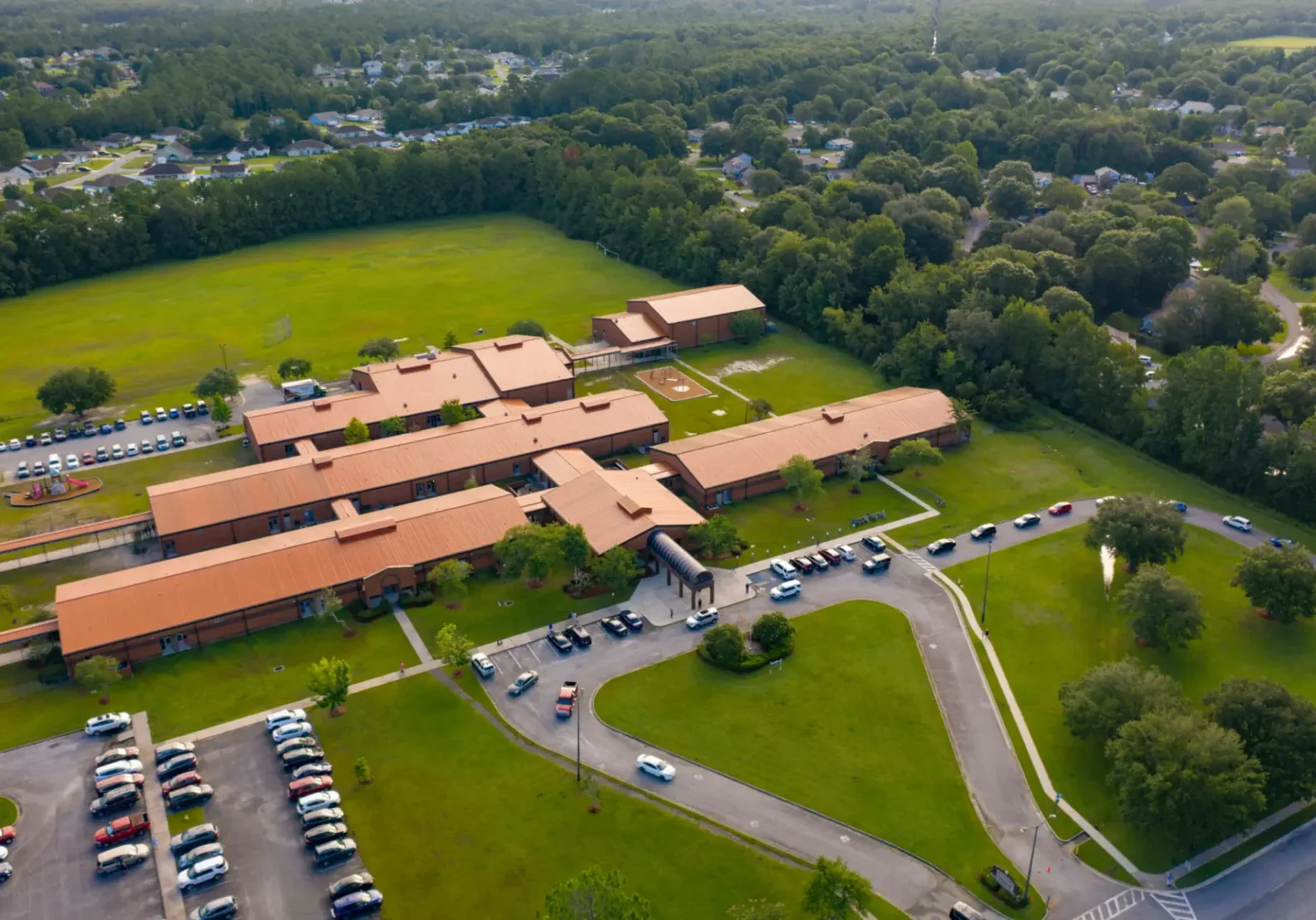 Aerial view of a large building complex.